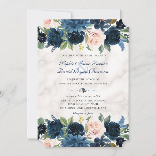 Charm Pink Navy Blue Floral Bloom Marble Wedding Invitation (Front)