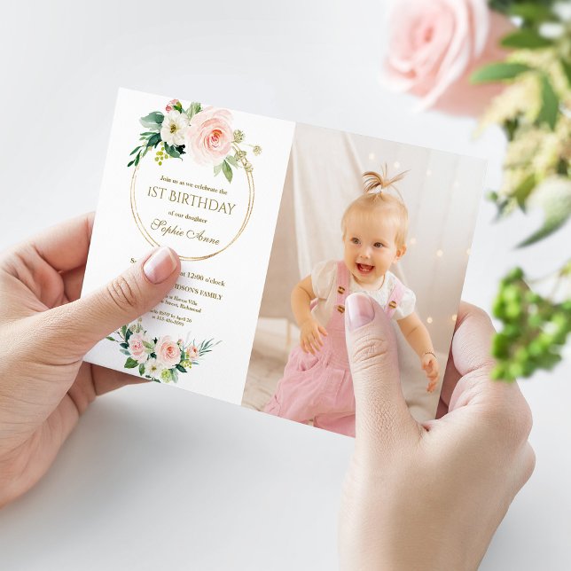 Charm Pink White Floral Girl Photo 1st Birthday Invitation (Creator Uploaded)