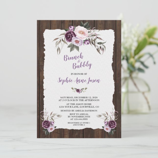 Charm Purple Pink Floral Wood Barn Bridal Shower Invitation (Standing Front)