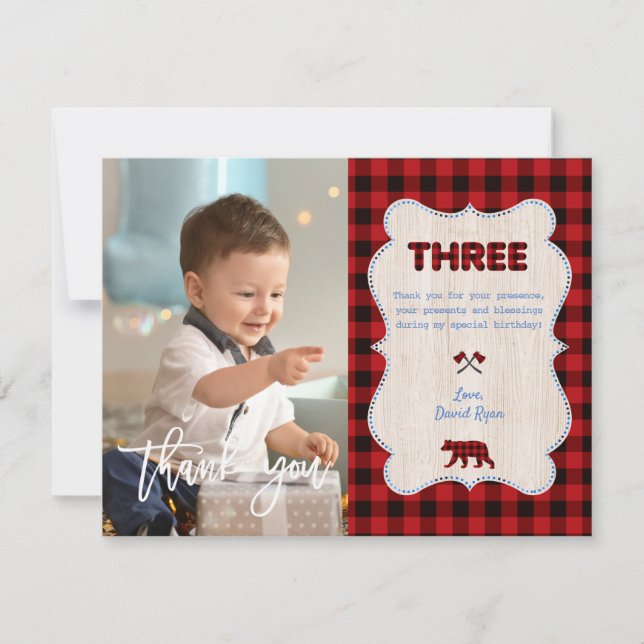 Charm Red Buffalo Photo Boy 3rd Birthday Thank You Card (Front)