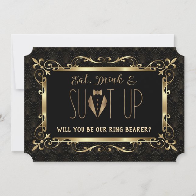 Charm Roaring 20s Gold Art Deco Be my Ring Bearer Invitation (Front)