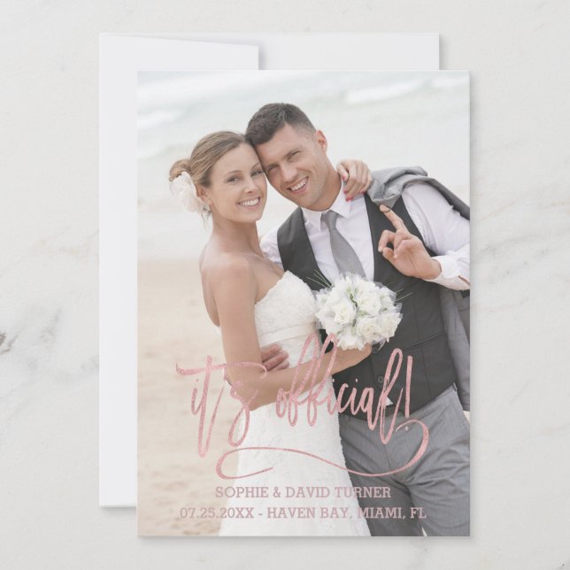 Charm Rose Gold Calligraphy It's official Wedding Announcement (Front)