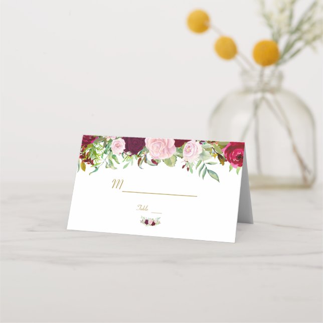 Charm Rustic Burgundy Marsala Floral Table Number Place Card (Front)