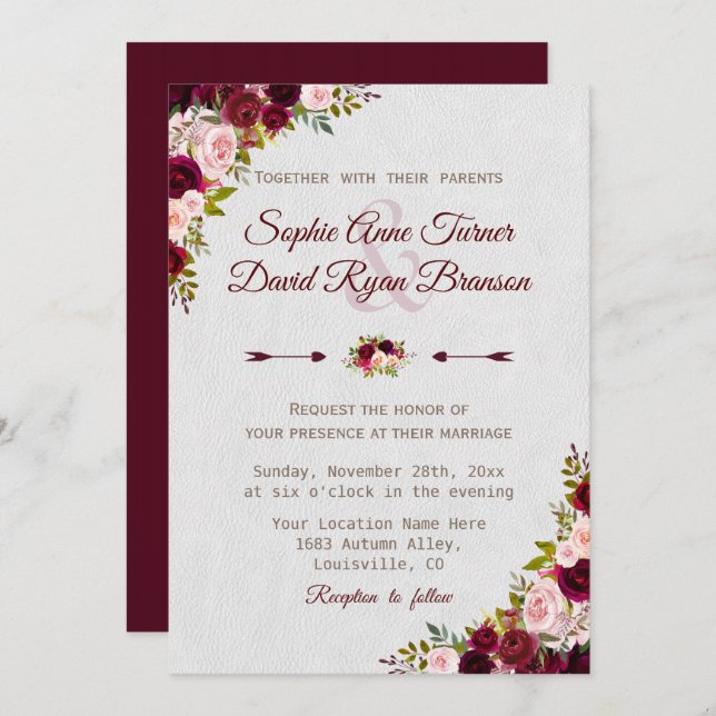 Charm Rustic Burgundy Marsala Floral Wedding Invitation (Front/Back)