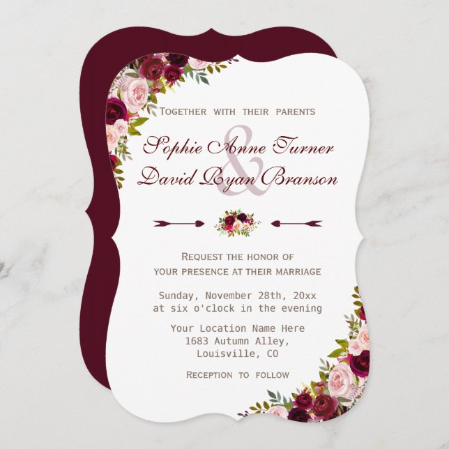 Charm Rustic Burgundy Marsala Floral Wedding Invitation (Front/Back)