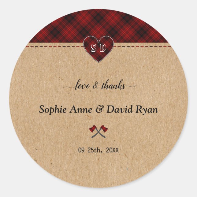 Charm Rustic Red Buffalo Plaid Monogram Wedding   Classic Round Sticker (Front)