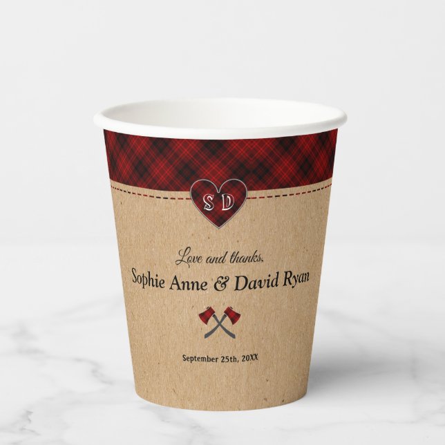 Charm Rustic Red Buffalo Plaid Monogram Wedding  Paper Cups (Front)
