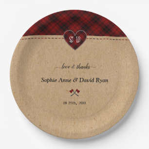 Charm Rustic Red Buffalo Plaid Monogram Wedding   Paper Plate