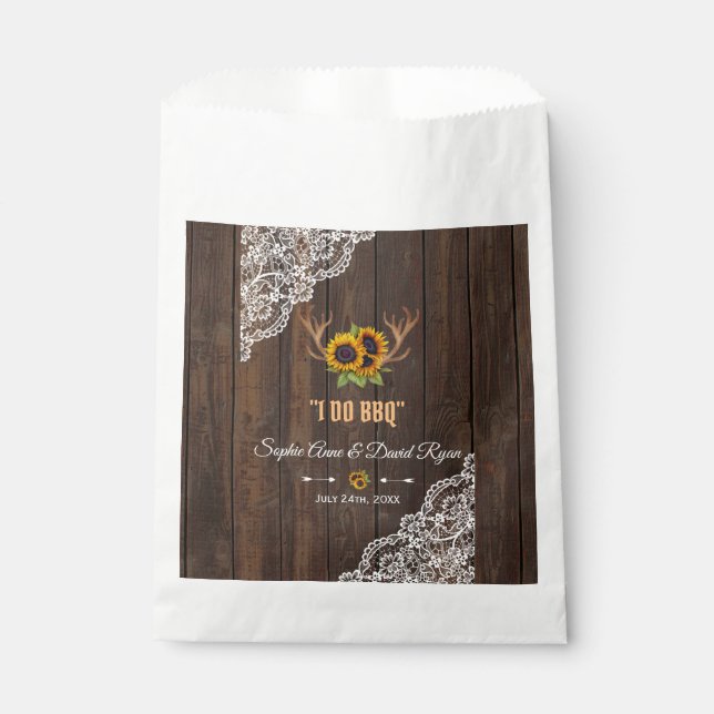 Charm Rustic Sunflowers Antlers Wood Lace I DO BBQ Favour Bags (Front)