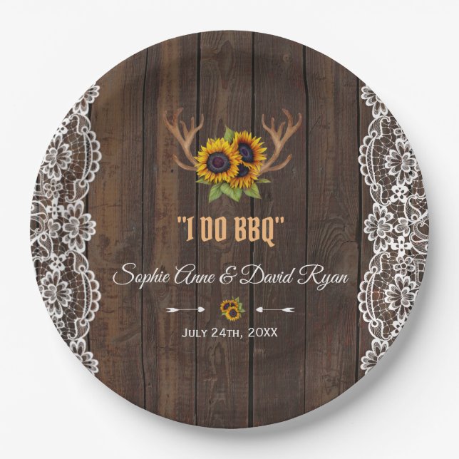 Charm Rustic Sunflowers Antlers Wood Lace I DO BBQ Paper Plate (Front)