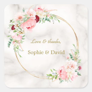 Charm Spring Watercolor Peonies Bloom Gold Wedding Square Sticker