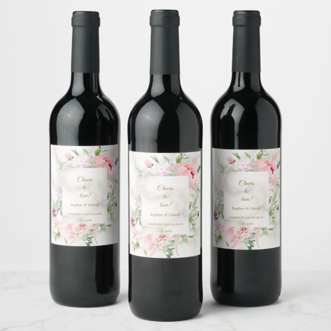 Charm Spring Watercolor Peonies Frame Wedding Wine Label (Bottles)