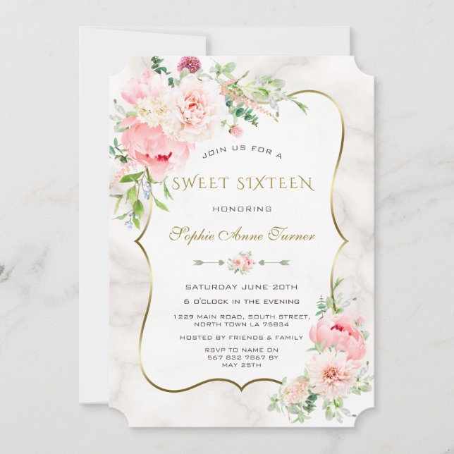 Charm Spring Watercolor Peonies Sweet Sixteen Invitation (Front)