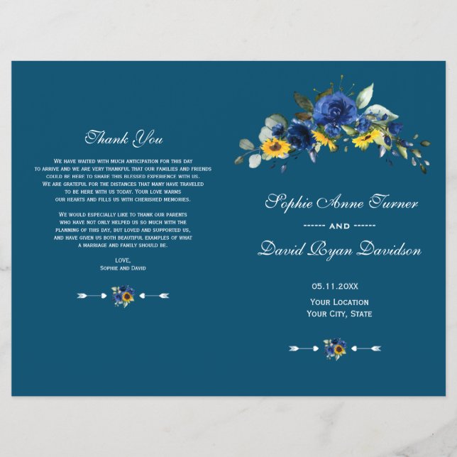 Charm Sunflowers Blue Floral Wedding Program Flyer (Front)