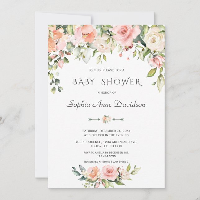 Charm Watercolor Blush Cream Floral Baby Shower Invitation (Front)