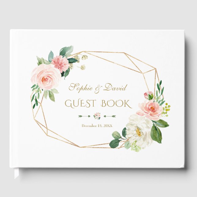 Charm Watercolor Blush Cream Flowers Gold Wedding Guest Book (Front)