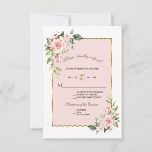 Charm Watercolor Blush Floral Gold Wedding RSVP Card