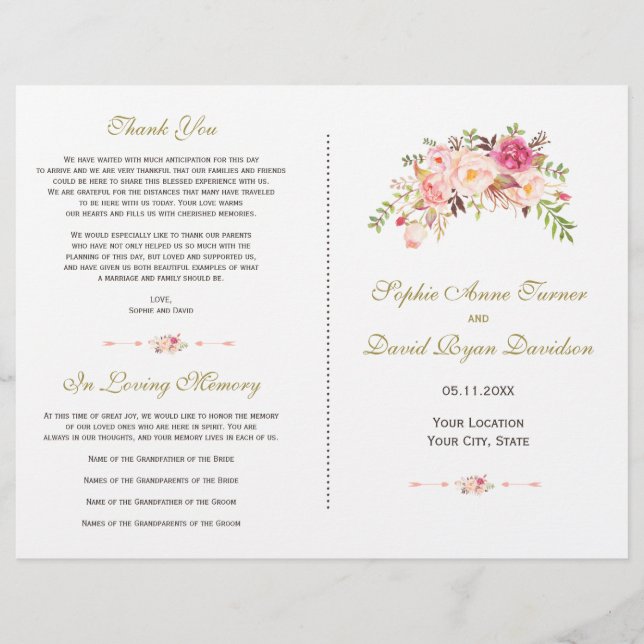 Charm Watercolor Blush Pink Floral Wedding Program Flyer (Front)
