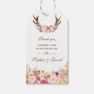 Charm Watercolor Pink Blush Floral Antlers Wedding Gift Tags