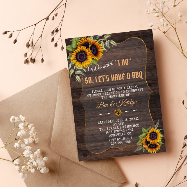 Charm Watercolor Sunflowers Wood Wedding I DO BBQ Invitation (I do bbq wedding sunflowers wood fall)