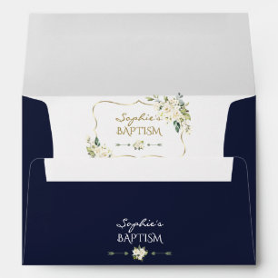 Charm Watercolor White Floral Gold Frame Baptism Envelope