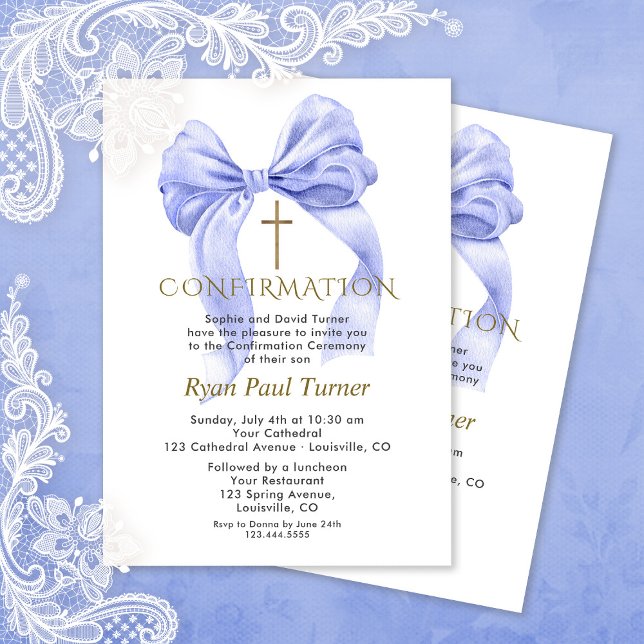 Charm Watercolour Blue Bow Boy Confirmation  Invitation (Creator Uploaded)