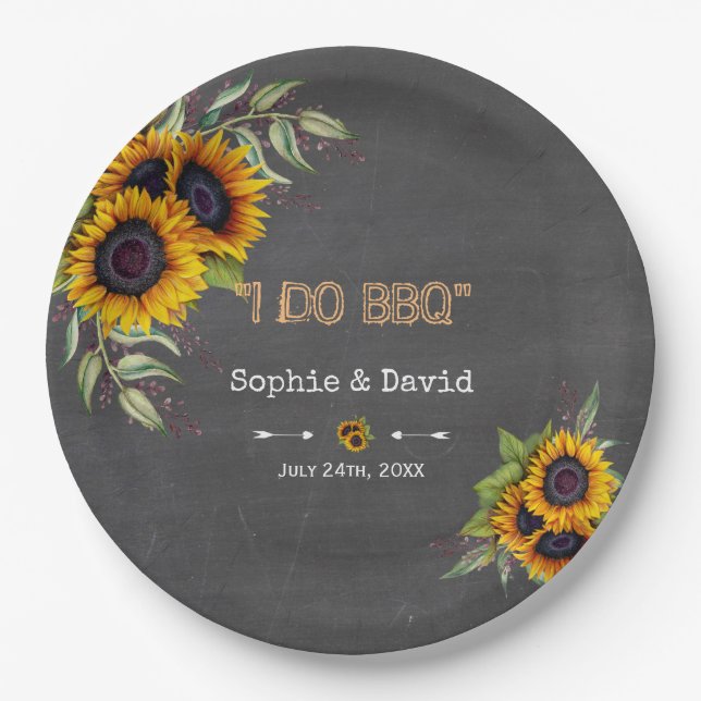 Charm Watercolour Sunflowers Chalkboard I DO BBQ Paper Plate (Front)