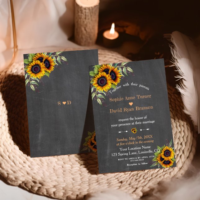Charm Watercolour Sunflowers Chalkboard Wedding Invitation (Creator Uploaded)