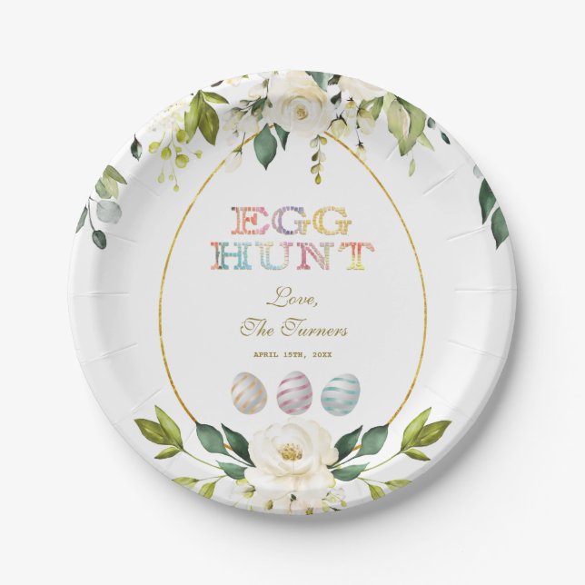 Charm White Cream Flowers Egg Hunt Gold Easter Paper Plate (Front)