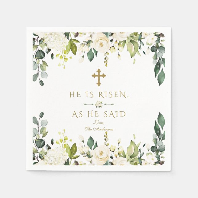 Charm White Cream Flowers He Is Risen Gold Easter Napkin (Front)