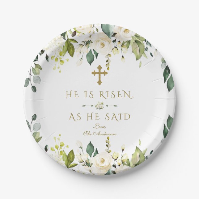 Charm White Cream Flowers He Is Risen Gold Easter Paper Plate (Front)