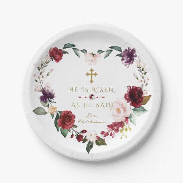 Charm White Cream Flowers He Is Risen Gold Easter Paper Plate (Front)