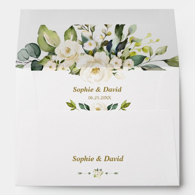 Charm White Cream Flowers Wedding Return Address Envelope (Back (Bottom))