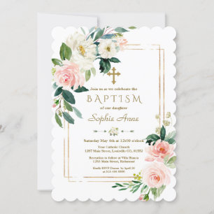 Charm White Flowers Bloom Gold Cross Baptism Invitation