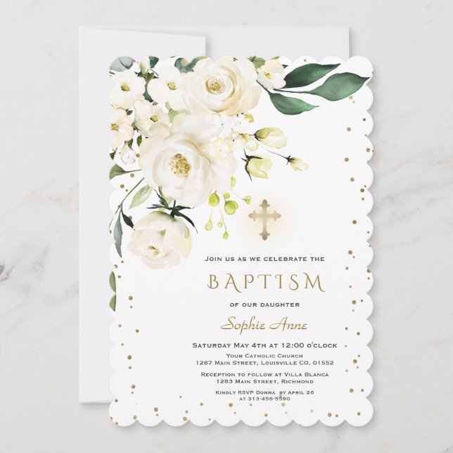 Charm White Flowers Gold Cross Girl Baptism Invitation (Front)