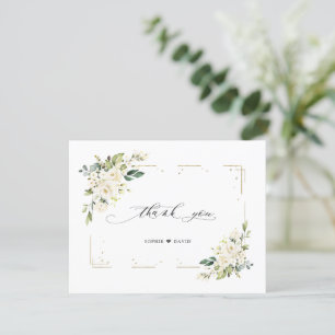Charm White Flowers Gold Glitter Frame Wedding Thank You Card