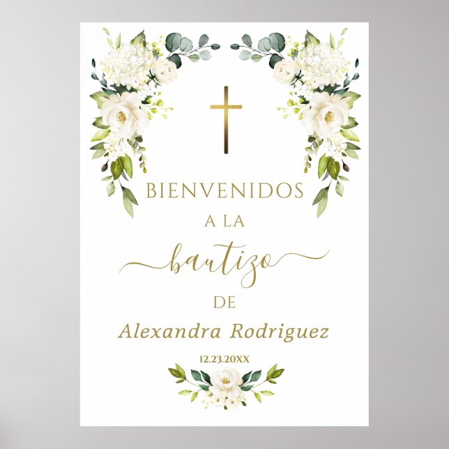 Charm White Flowers Welcome Spanish Baptism Sign (Front)