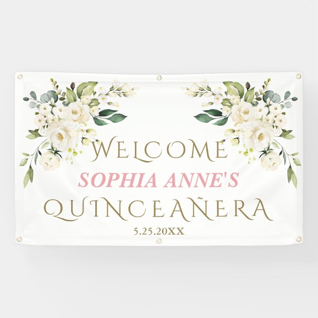Charm White Ivory Floral Quinceañera Welcome Sign (Horizontal)