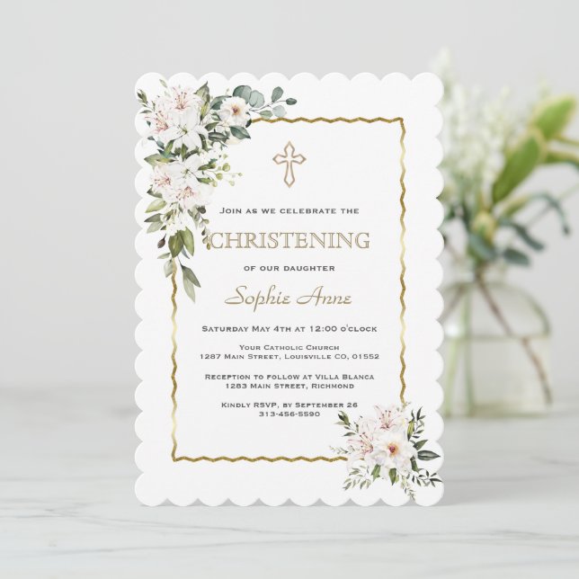 Charm White Lilies Rose Gold Girl Christening Invitation (Standing Front)