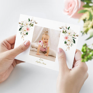 Charm White Magnolia Photo Girl 1st Birthday Thank You Card