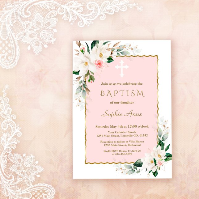 Charm White Magnolia Pink Gold Floral Baptism  Invitation (white magnolia baptism, trendy modern elegant baptism invitation, gold white floral baptism invite)