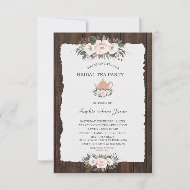 Charm White Pink Floral Wood Bridal Tea Party  Invitation (Front)