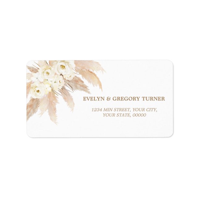 Charm White Roses Pampas Grass Gold Wedding  Label (Front)