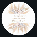 Charm White Roses Pampas Grass Wedding  Classic Round Sticker<br><div class="desc">Unique and elegant design featuring watercolour pink blush roses,  white orchid,  desert pampas grass dried leaves,  on a white background. Use Personalise tool to add your info. For matching items,  please,  visit my Pampas Grass Floral Collection.</div>