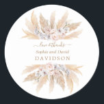 Charm White Roses Pampas Grass Wedding  Classic Round Sticker<br><div class="desc">Unique and elegant design featuring watercolour pink blush roses,  white orchid,  desert pampas grass dried leaves,  on a white background. Use Personalise tool to add your info. For matching items,  please,  visit my Pampas Grass Floral Collection.</div>
