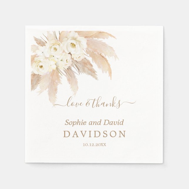 Charm White Roses Pampas Grass Wedding Napkin (Front)