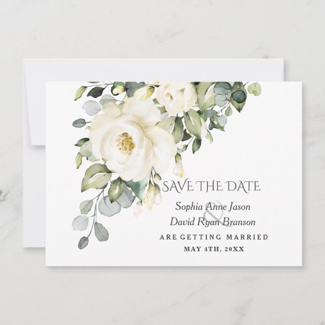 Charm White Watercolor Flowers Bloom Wedding Save The Date (Front)