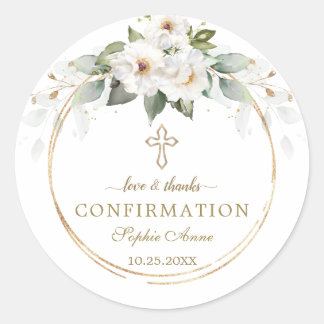 Charm Wild White Roses Gold Cross Confirmation Classic Round Sticker