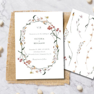 Charm Wildflower Monogram Minimal Simple Wedding Invitation