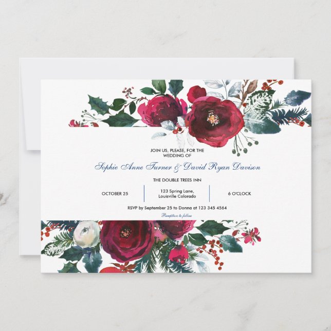 Charm Winter Burgundy Floral Pine Frame Wedding Invitation (Front)